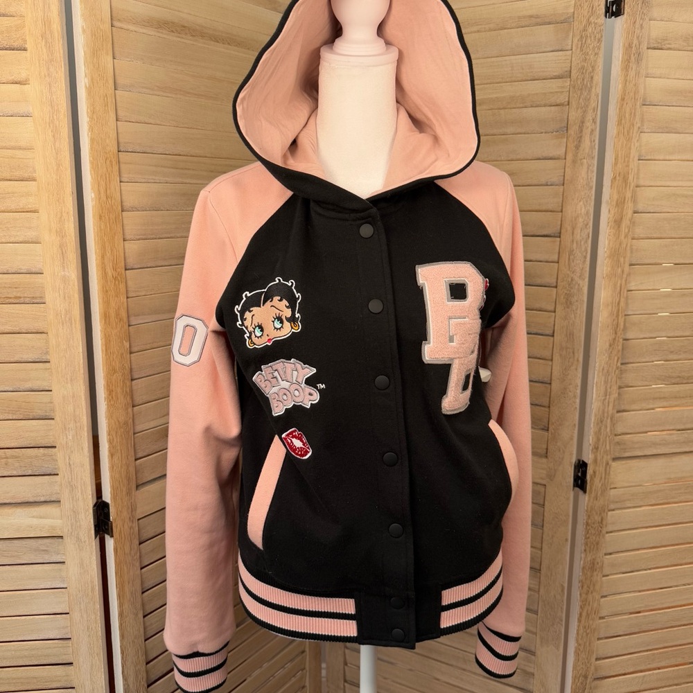 Betty Boop Varsity Letter Jacket with hood + back detail - Black and Pink - Picture 2 of 12
